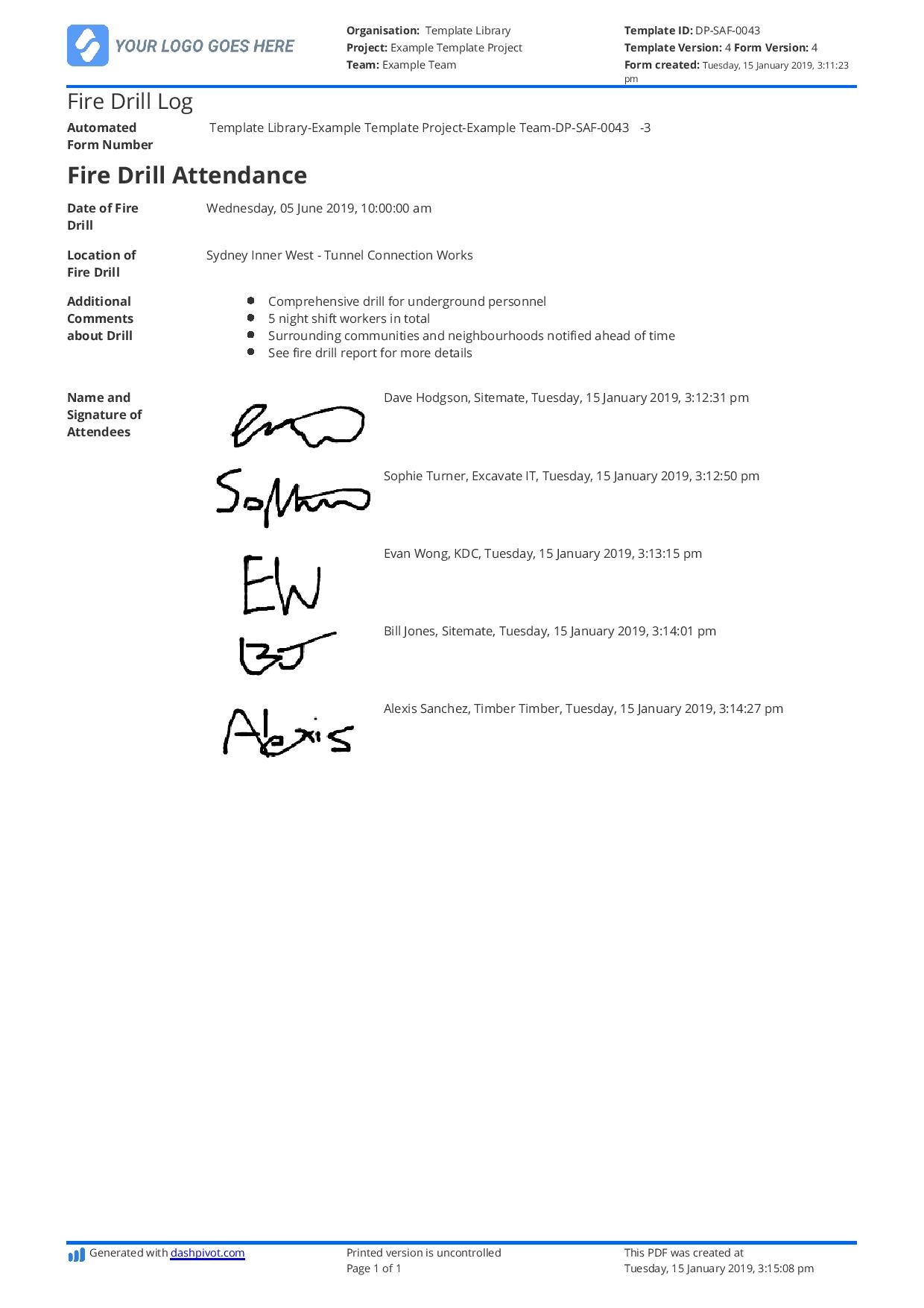 Fire Drill Log Template Free Customisable And Better Than Excel