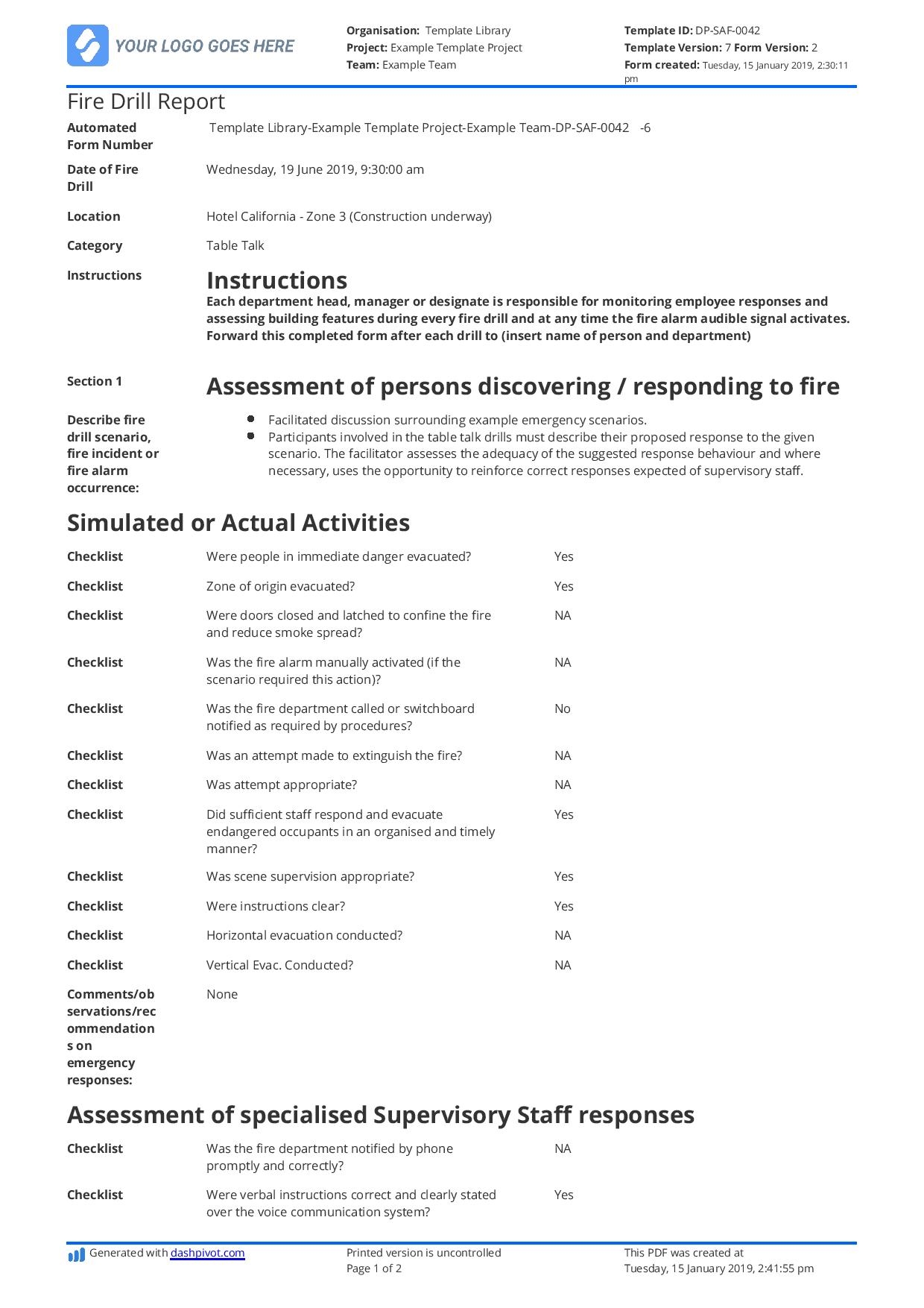 Printable Fire Drill Form Template