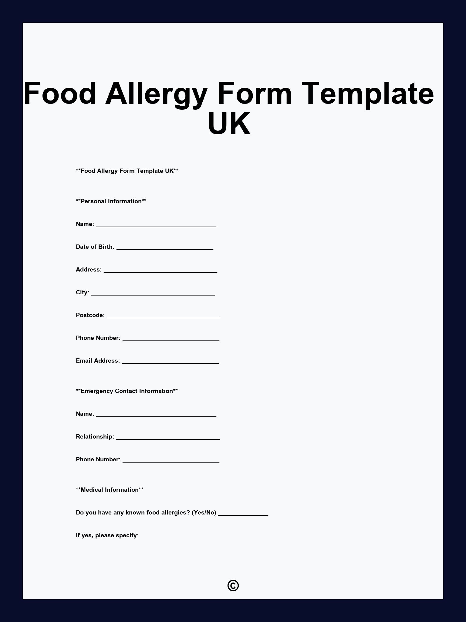 Food Allergy Form Template UK
