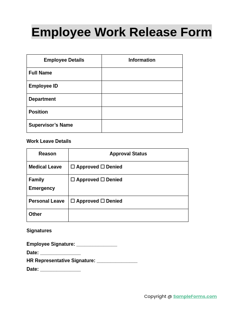 Printable Work Release Form