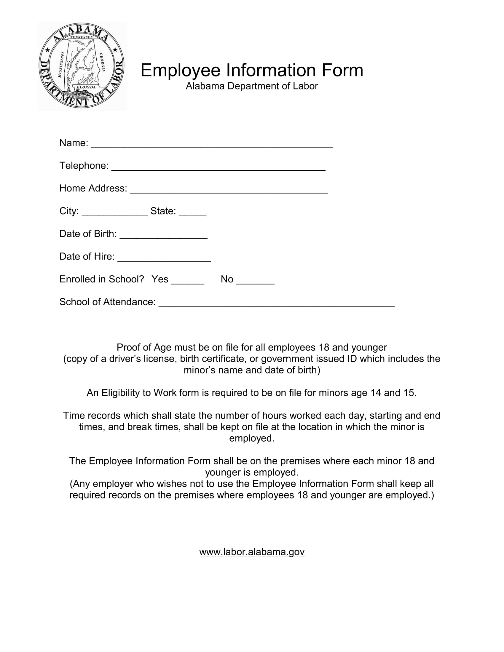 Basic Template Printable Employee Information Form