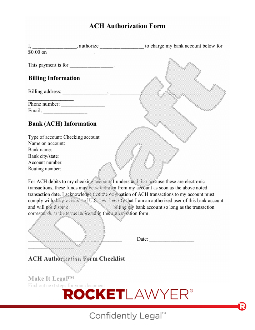 Free ACH Authorization Form Free To Print Save Download