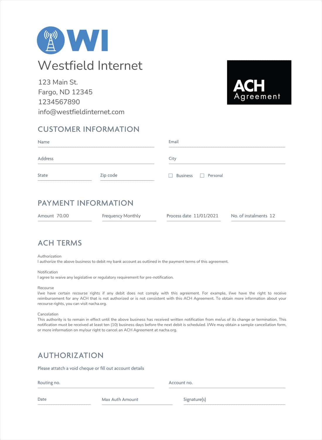 Printable Blank Ach Authorization Form Template