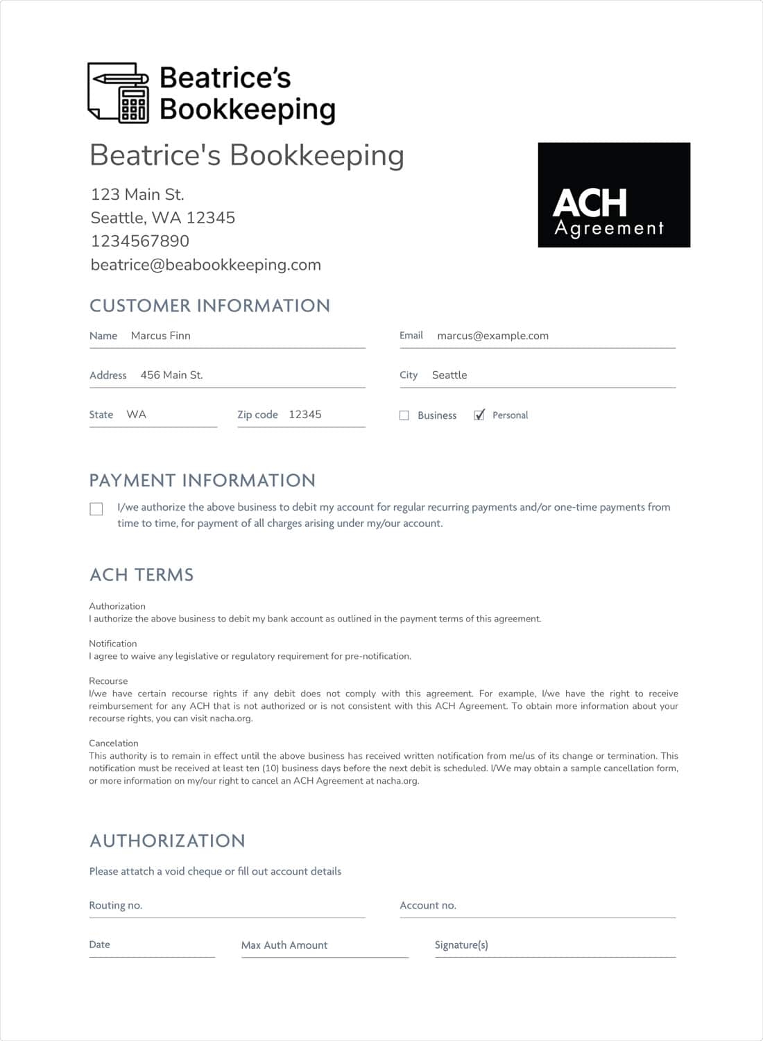 Free ACH Form Generator And Template Rotessa