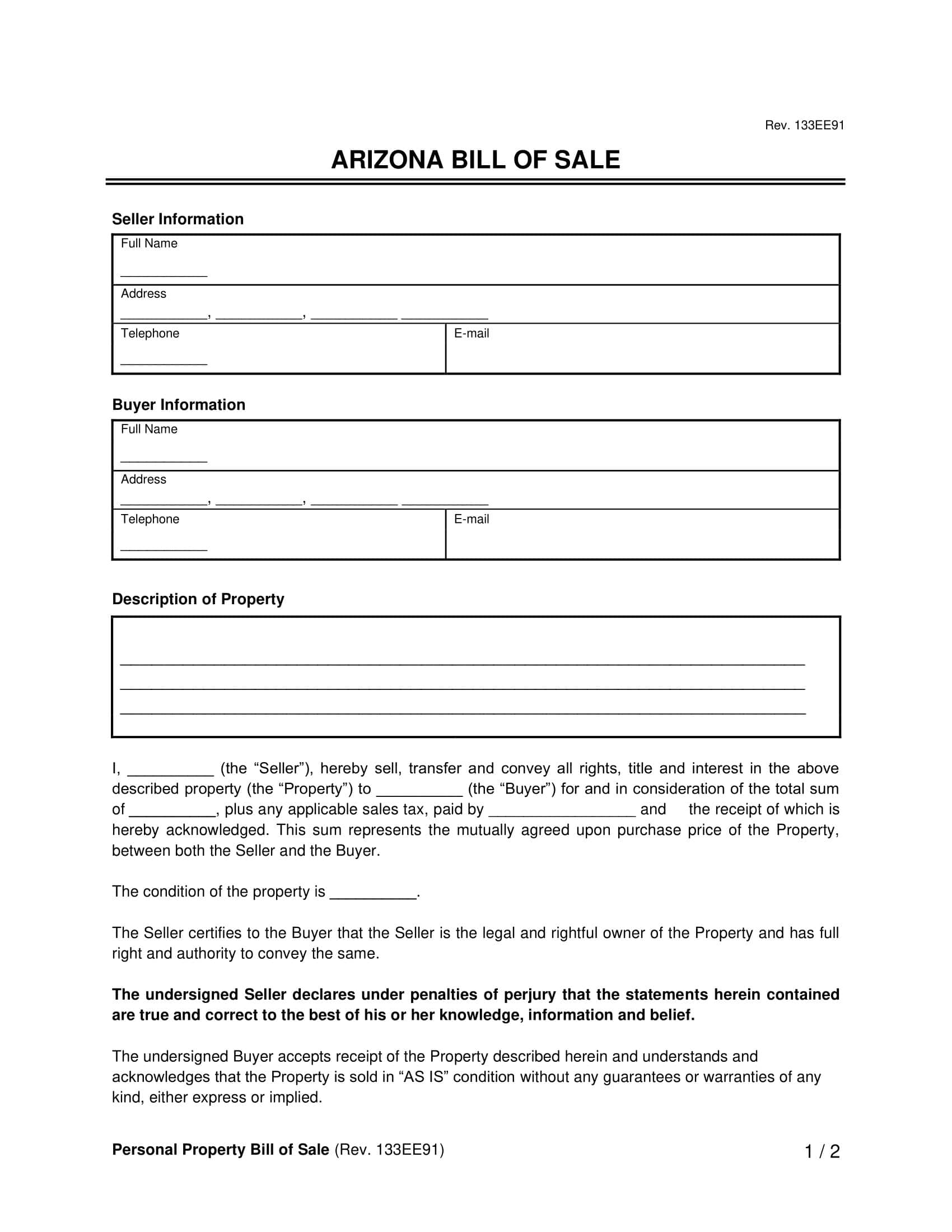 Free Arizona Bill Of Sale Forms Printable PDF Word