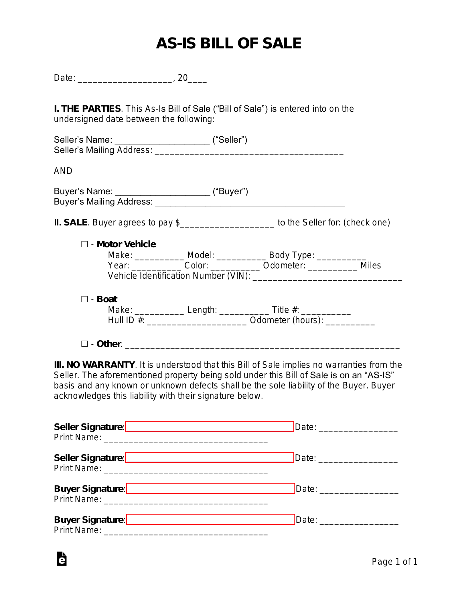 Free As Is No Warranty Bill Of Sale Template PDF Word EForms