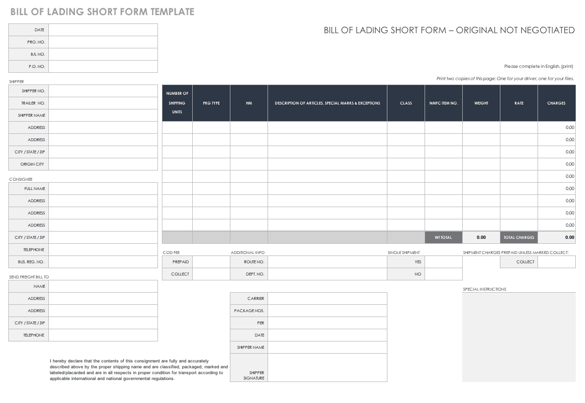 Printable Bill Of Lading Form