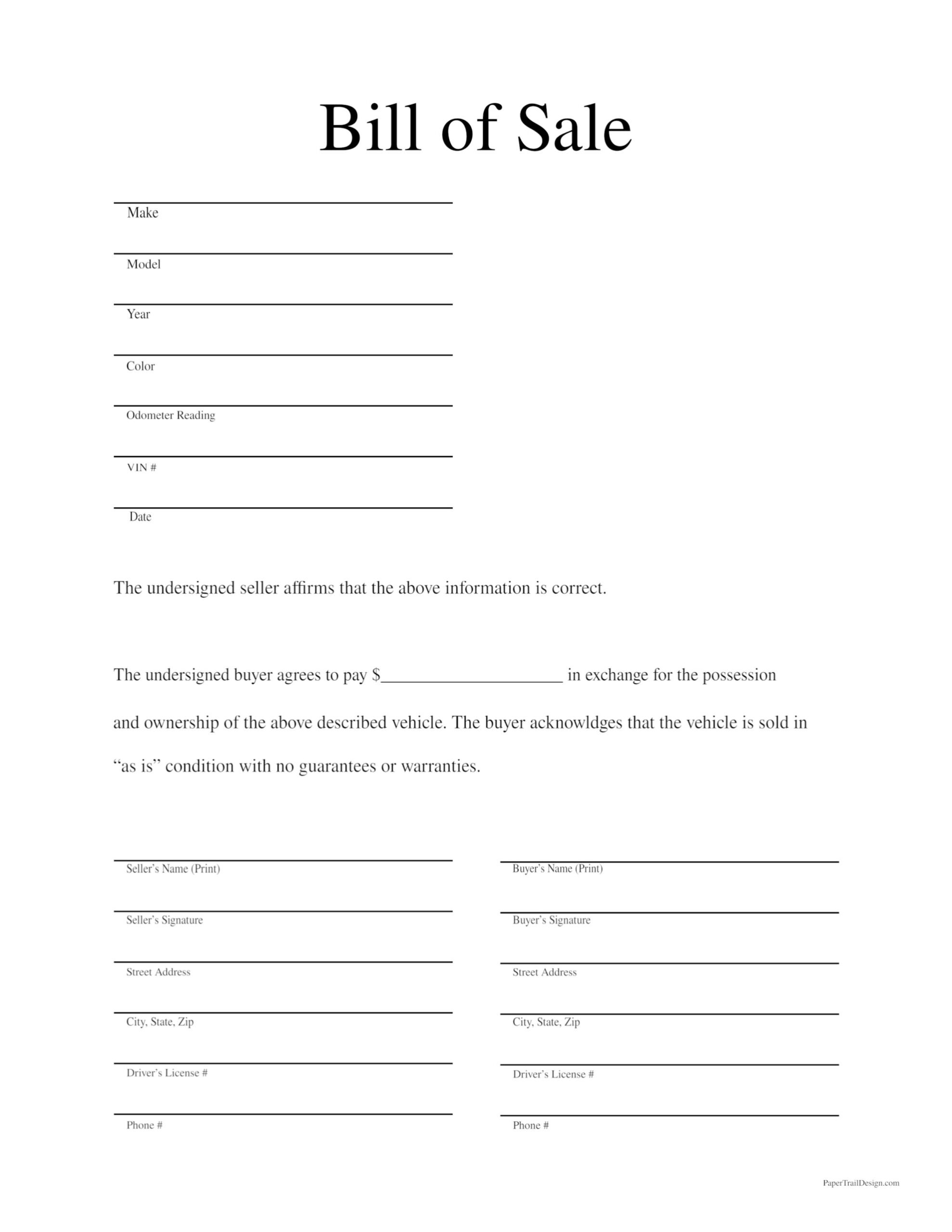 Free Printable Vehicle Bill Of Sale Form