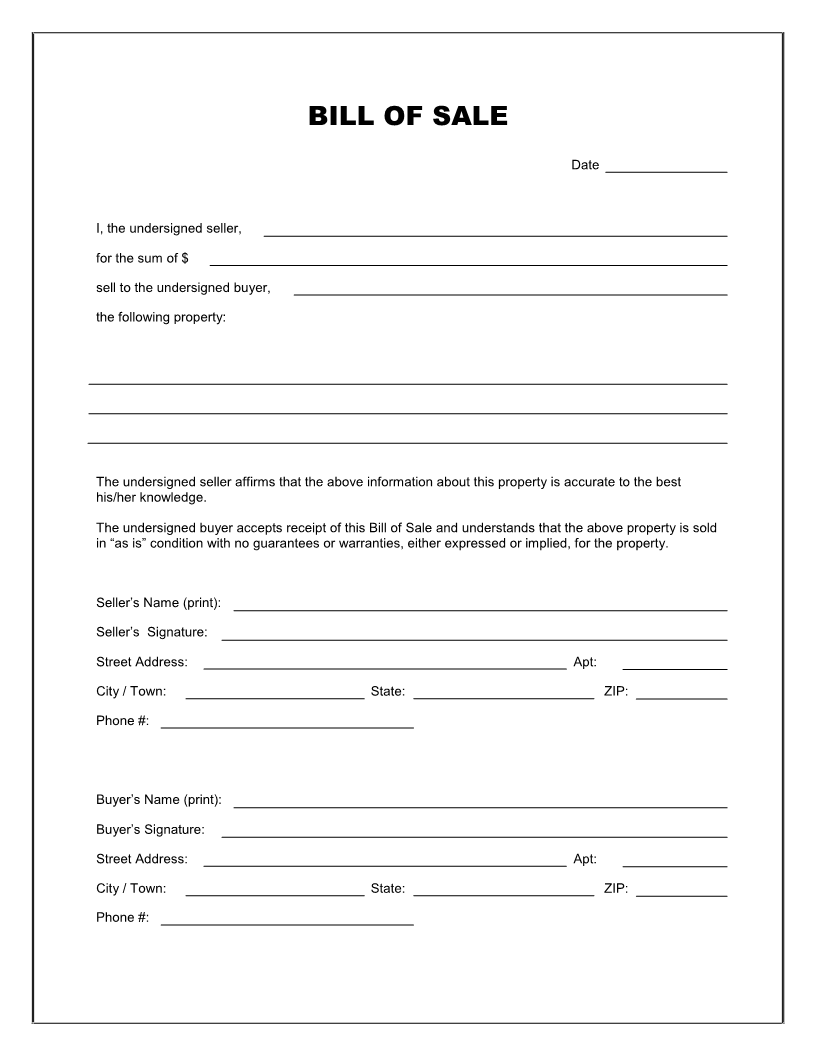 Bill Of Sale Form Printable