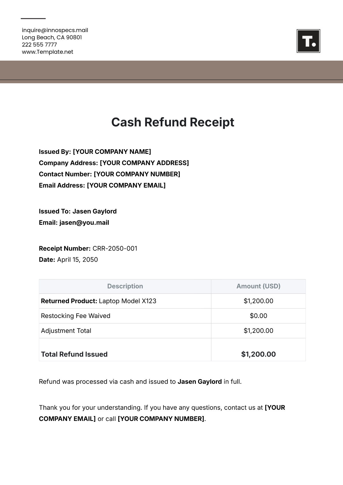 Printable Cash Receipt Format