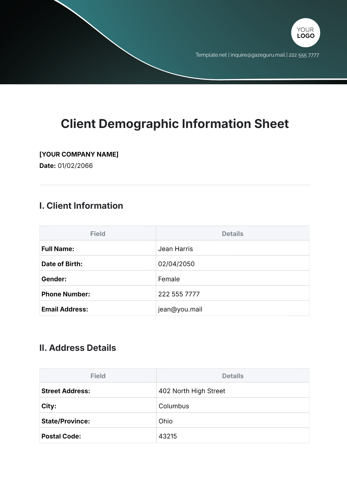 Free Printable Patient Demographic Form