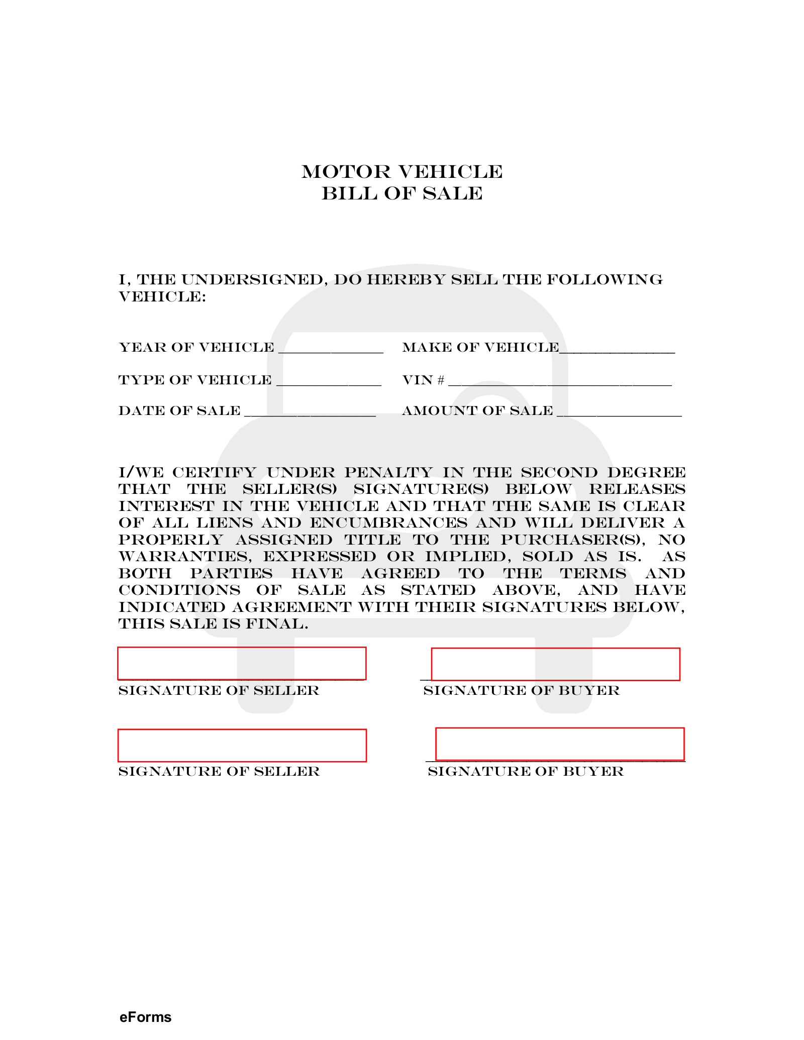 Printable Vehicle Bill Of Sale Form