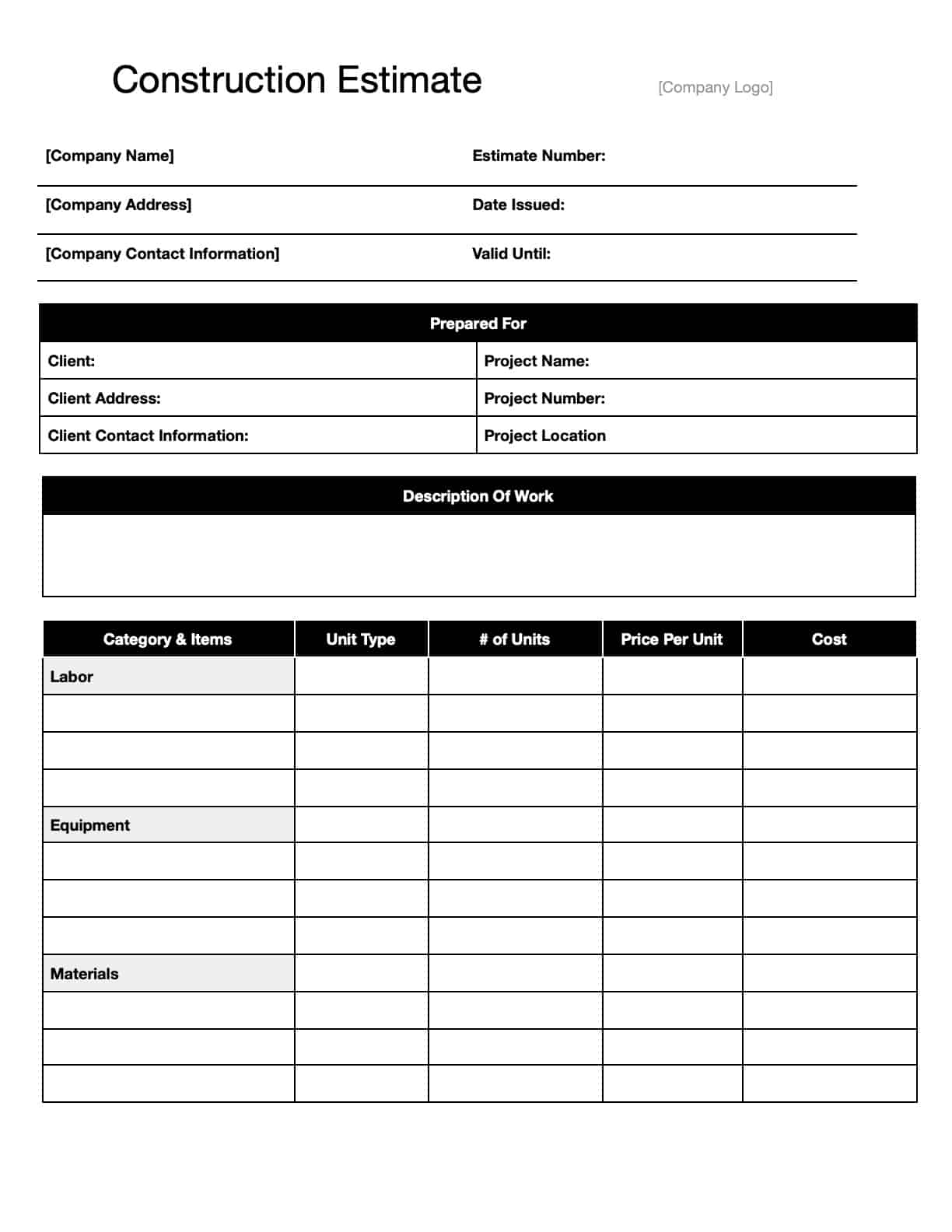 Free Construction Templates Download Print Invoices Contracts Estimates And More 