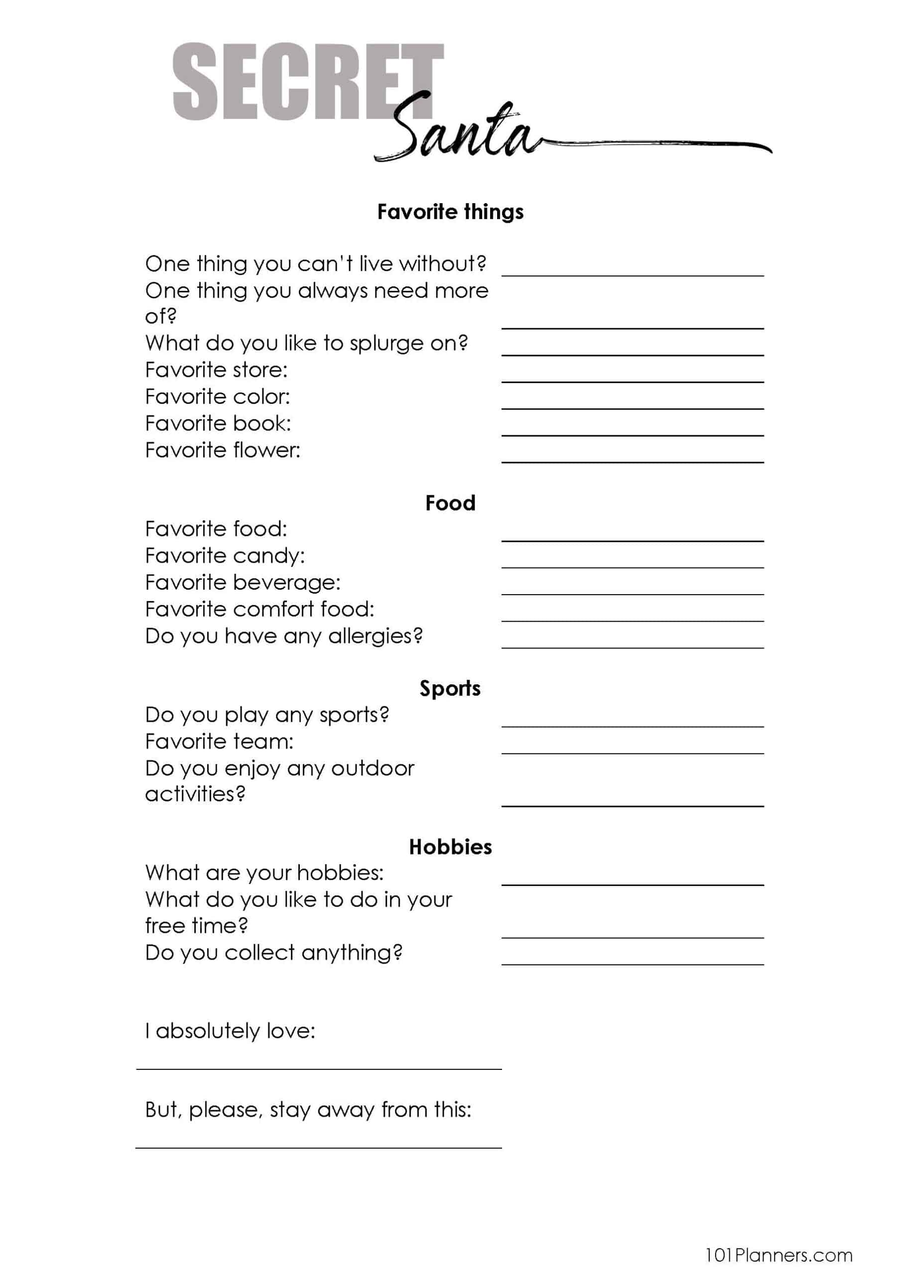 Free Printable Secret Santa Questionnaire Form Pdf