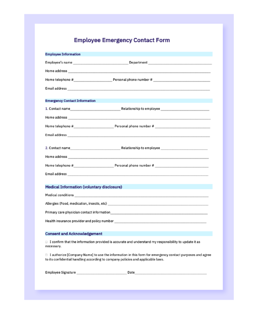 Emergency Contact Printable Form