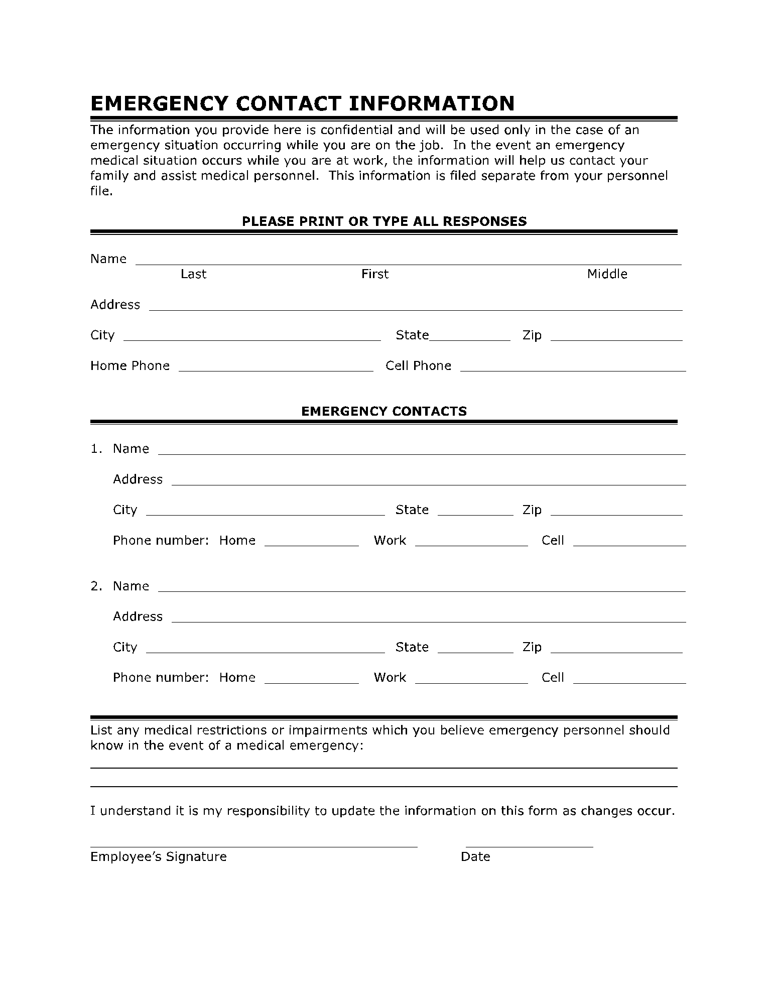 Printable Employee Information Form