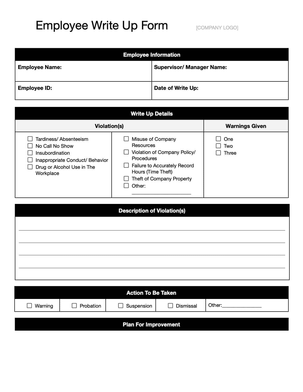 Free Employee Write Up Forms And Templates Download Print In Office GDocs 