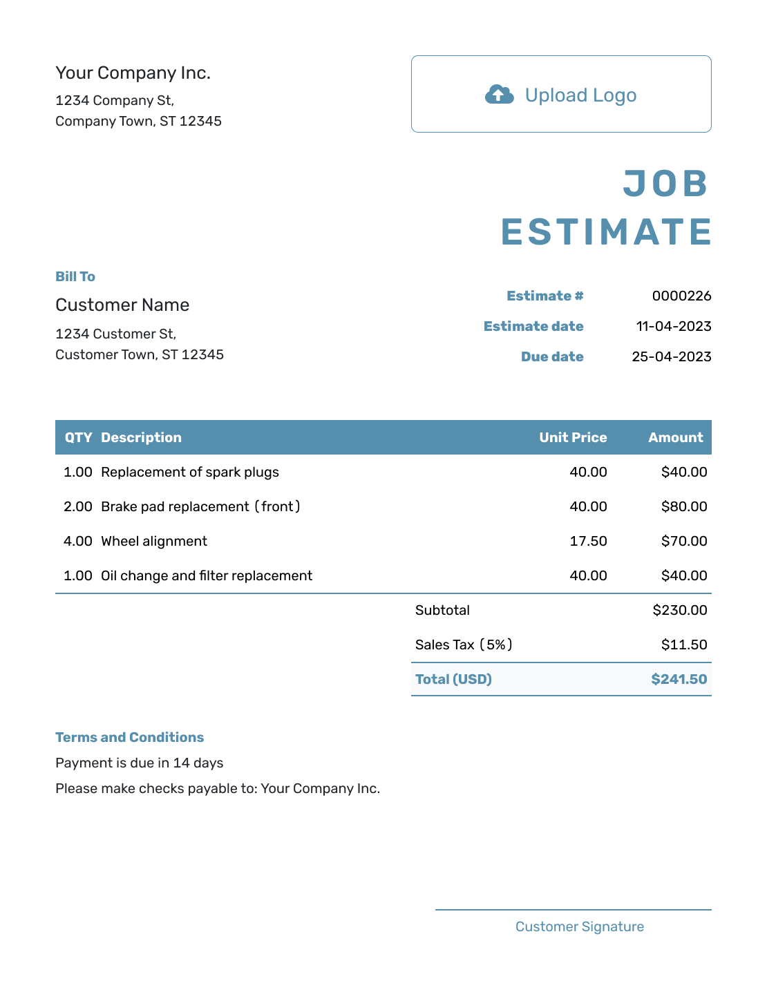 Printable Job Estimate Forms