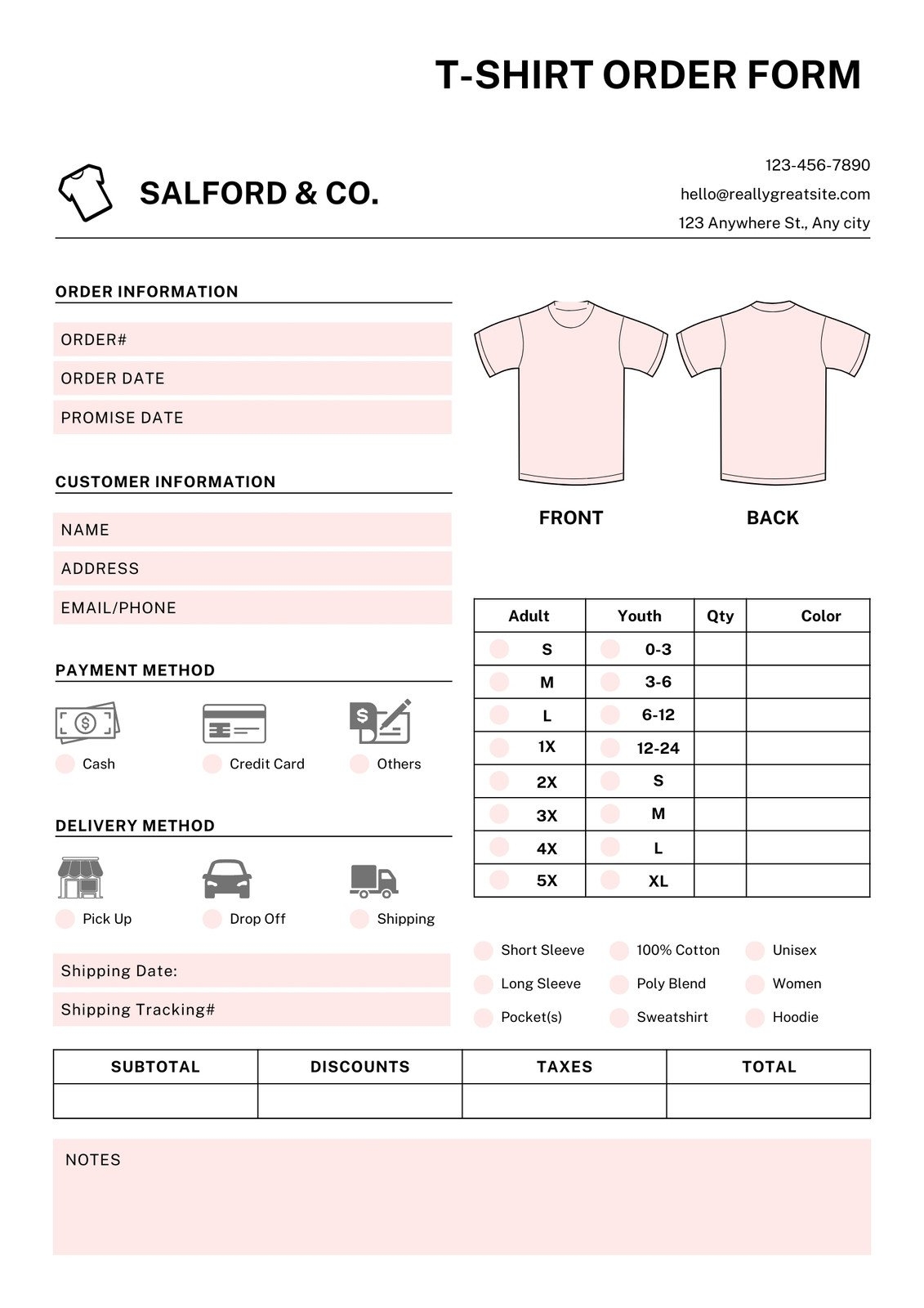 Free Printable T Shirt Order Forms