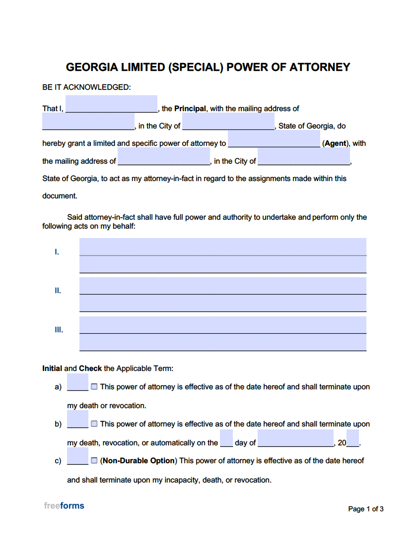 Free Georgia Limited Special Power Of Attorney Form PDF Word