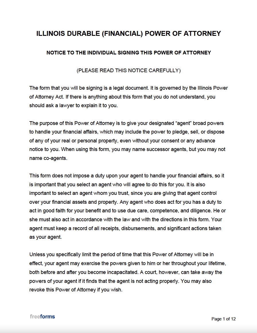 Free Illinois Durable Financial Power Of Attorney Form PDF Word