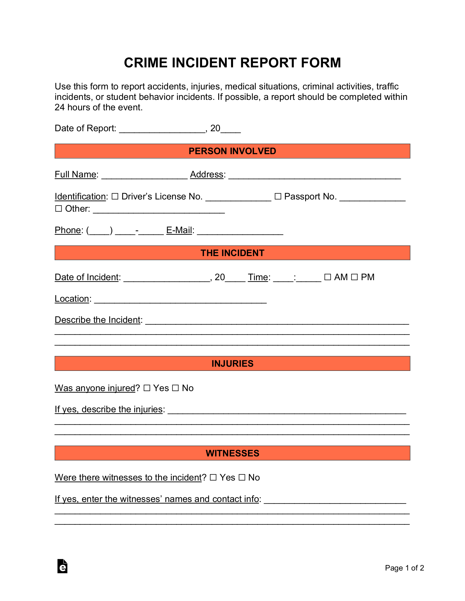 Free Incident Report Templates 18 Sample PDF Word EForms