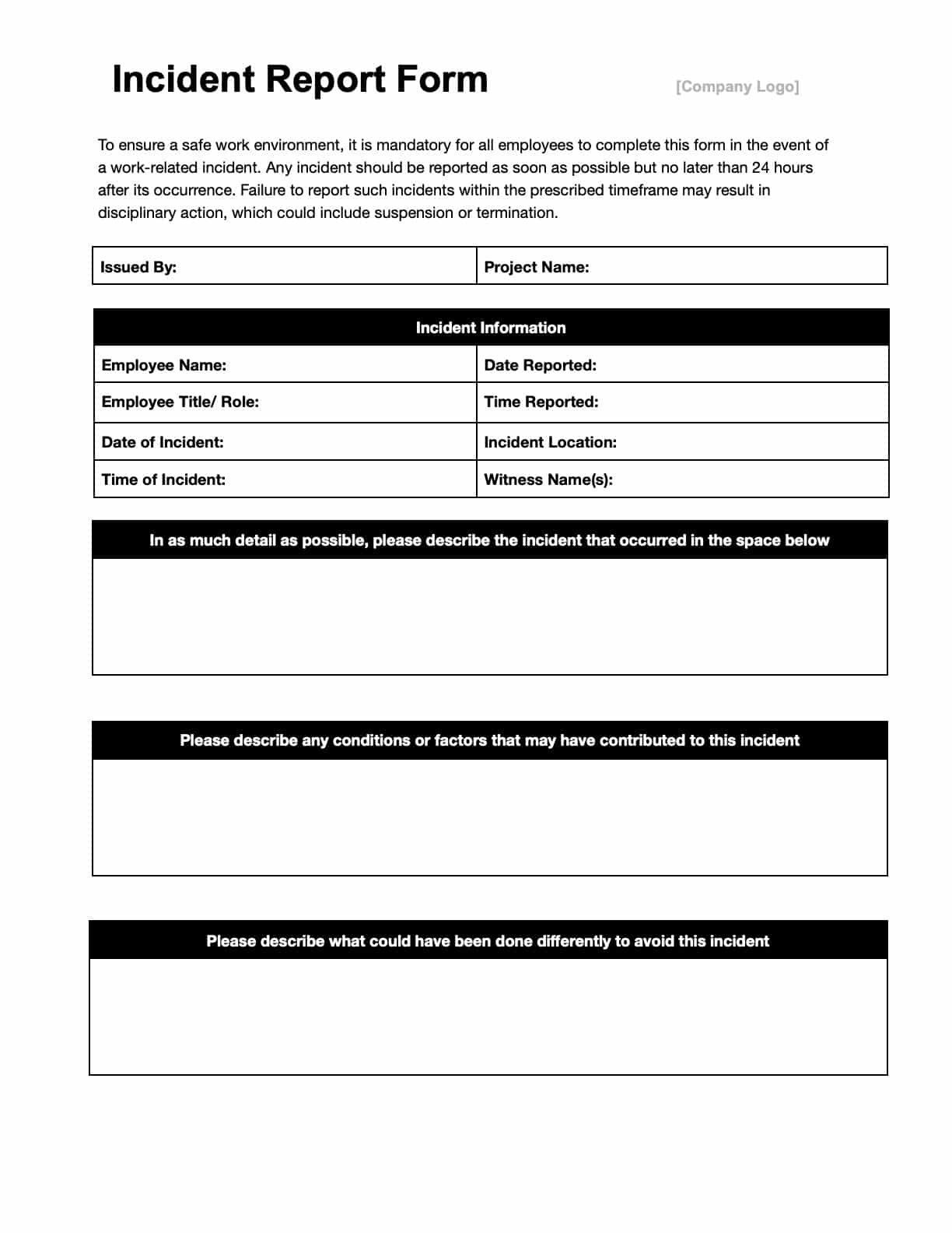 Free Incident Report Templates Download Print In PDF Office GDocs 