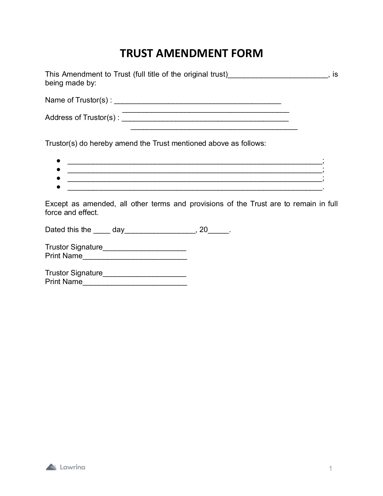 Free Living Trust Amendment Form Template PDF Lawrina