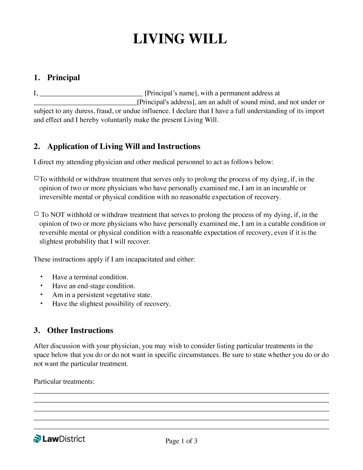 Free Living Will Template With Sample PDF Word LawDistrict