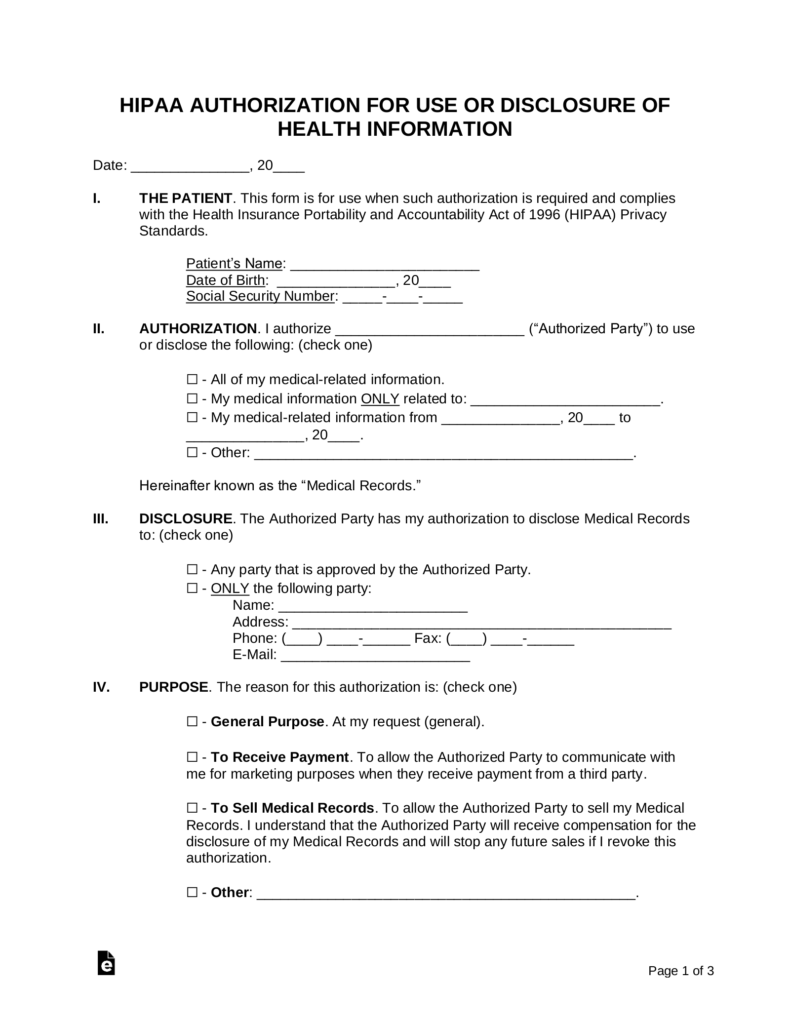 Free Medical Records Release Authorization Form Waiver HIPAA PDF Word EForms