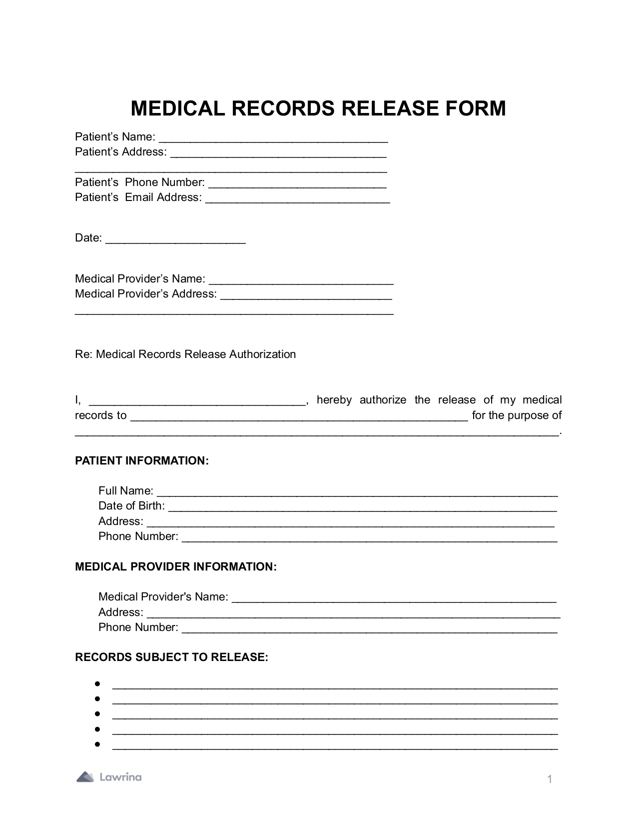 Free Medical Records Release Form PDF Lawrina
