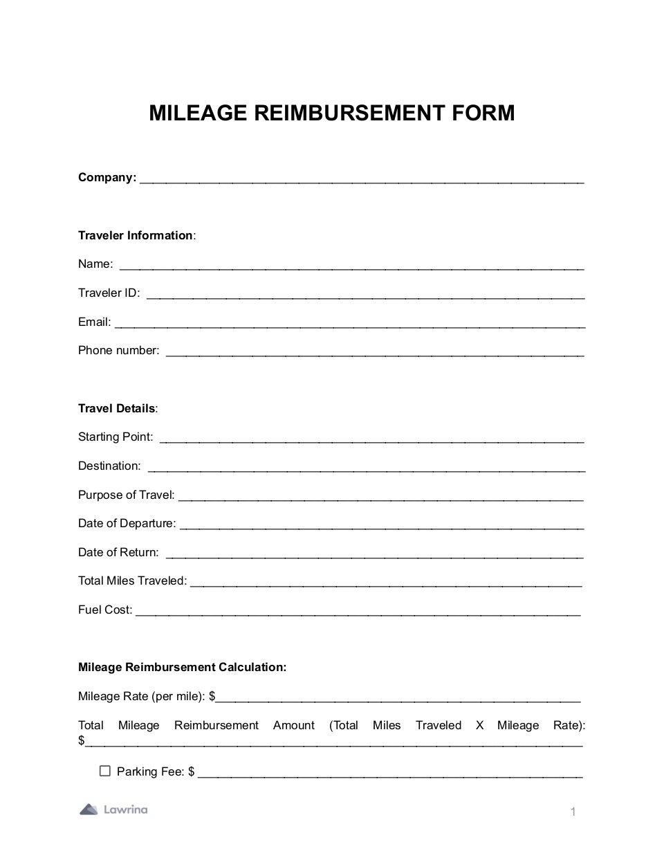 Free Mileage Reimbursement Form PDF Word Lawrina