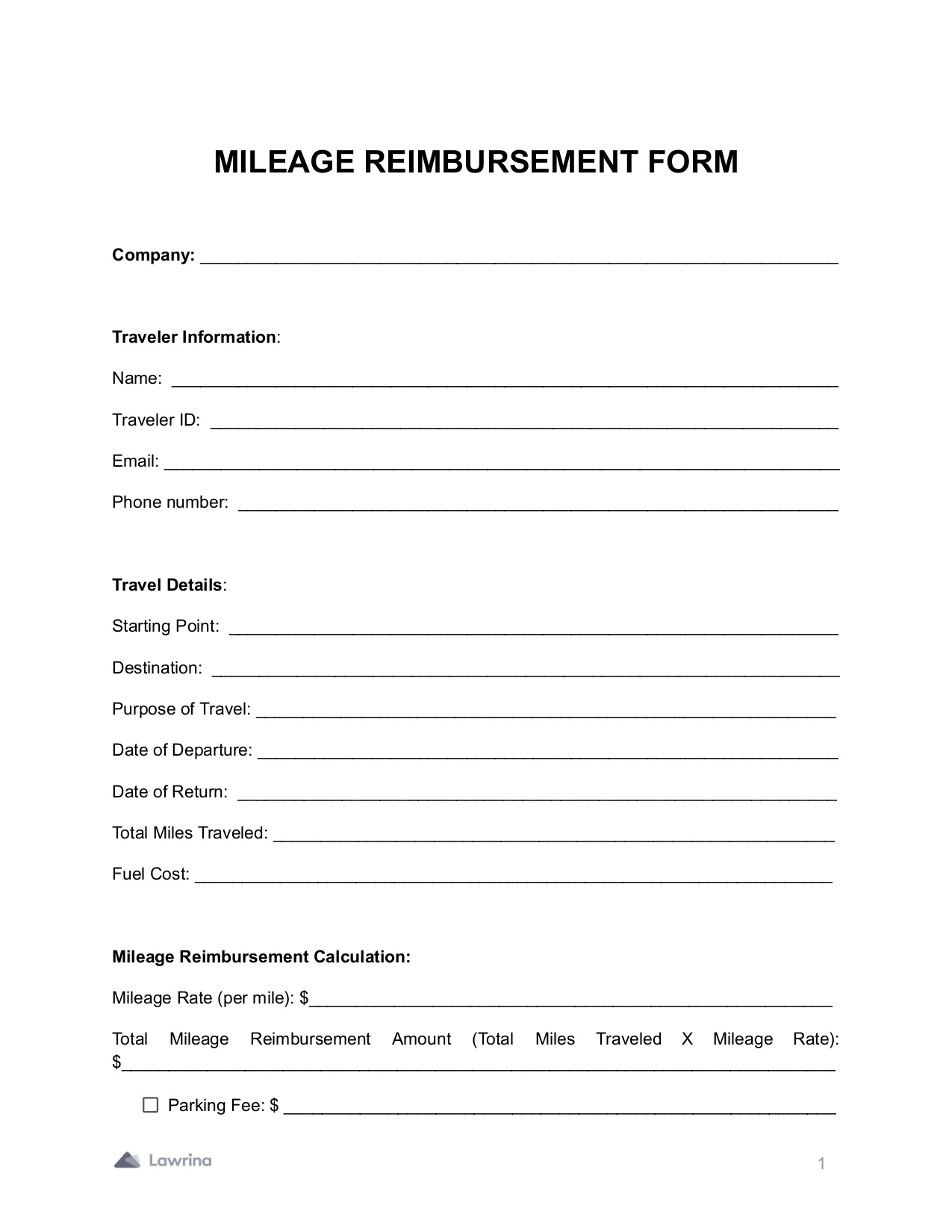 Free Mileage Reimbursement Form PDF Word Lawrina