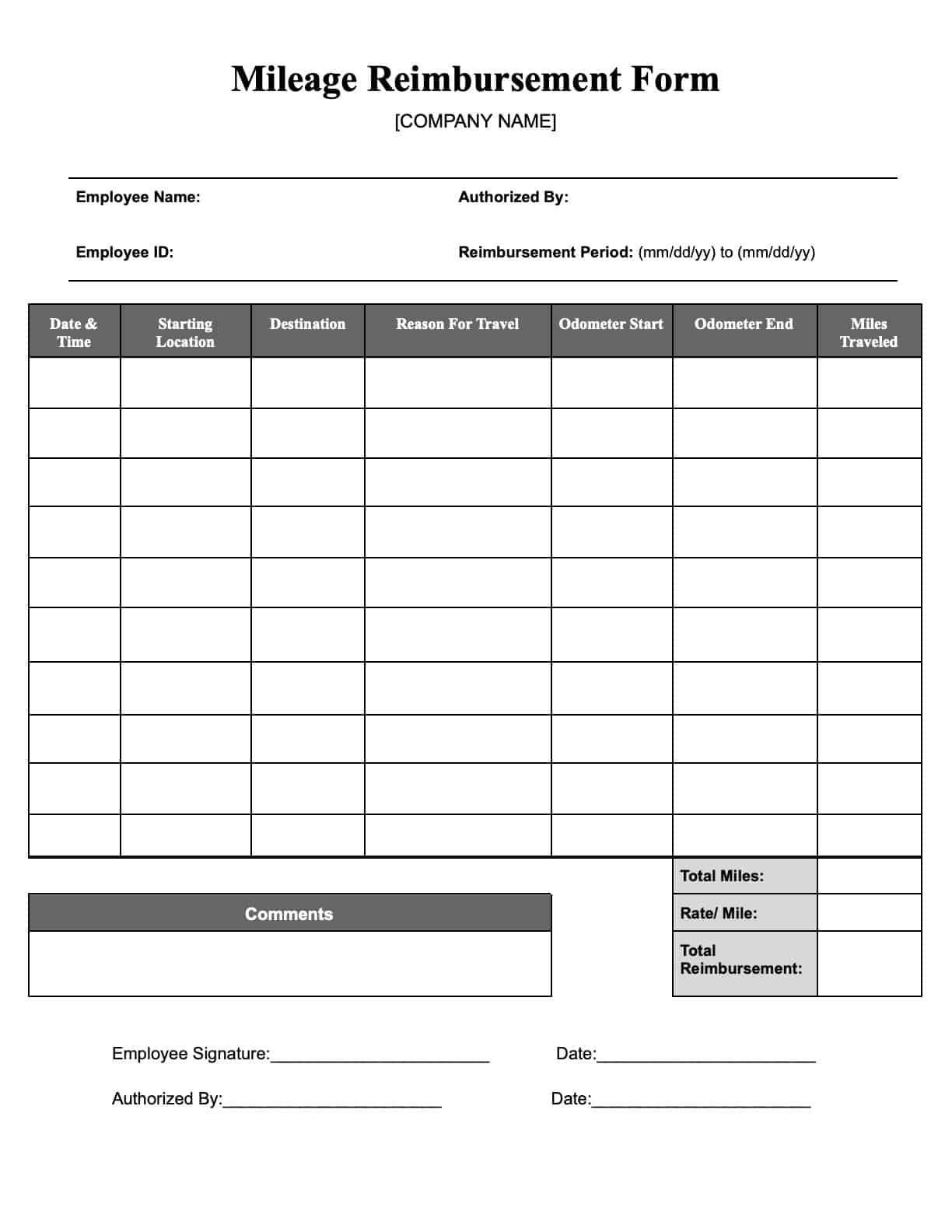 Free Mileage Reimbursement Form Templates Download Print In PDF Office GDocs 