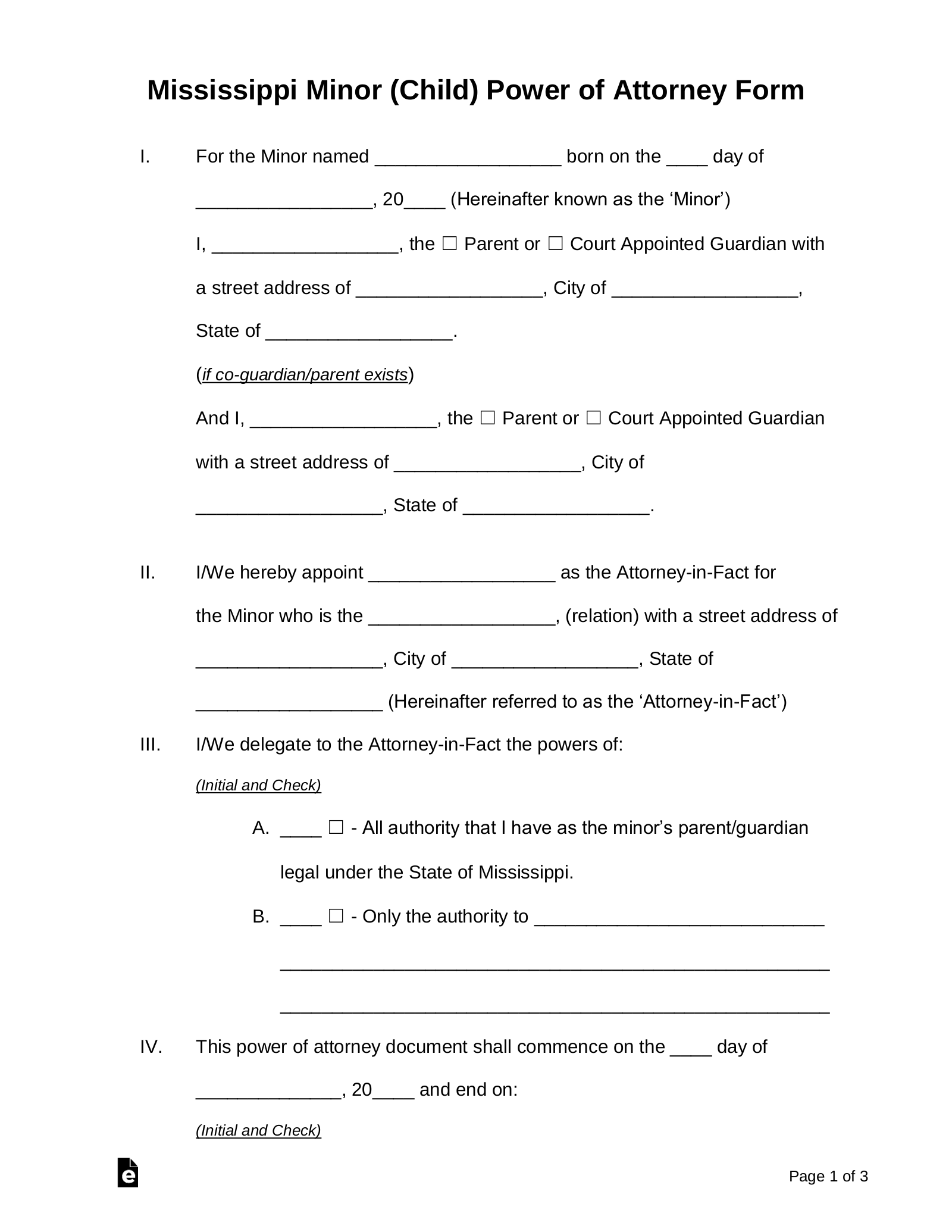 Free Mississippi Guardian Of A Minor Power Of Attorney Form PDF Word EForms