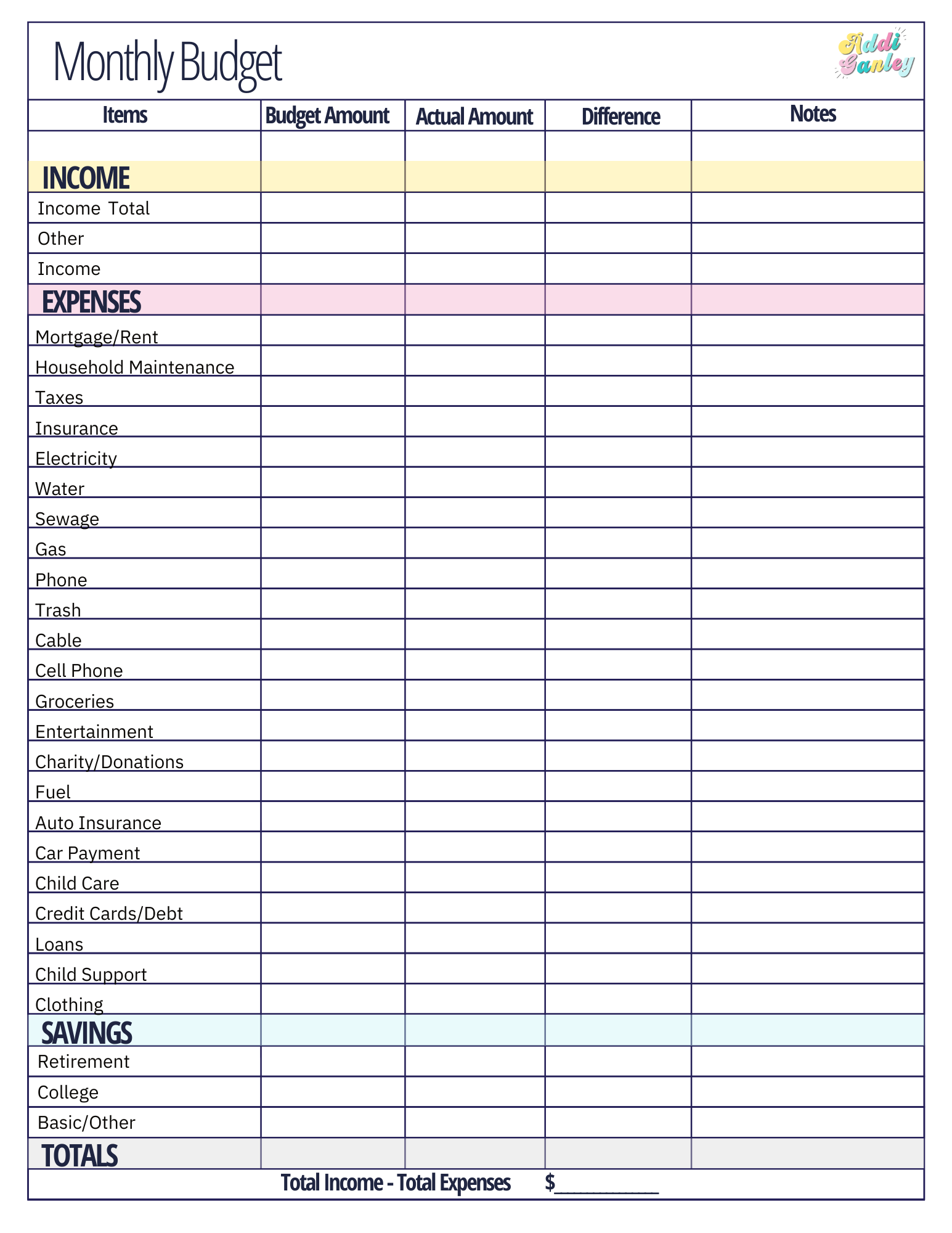 Printable Budget Forms