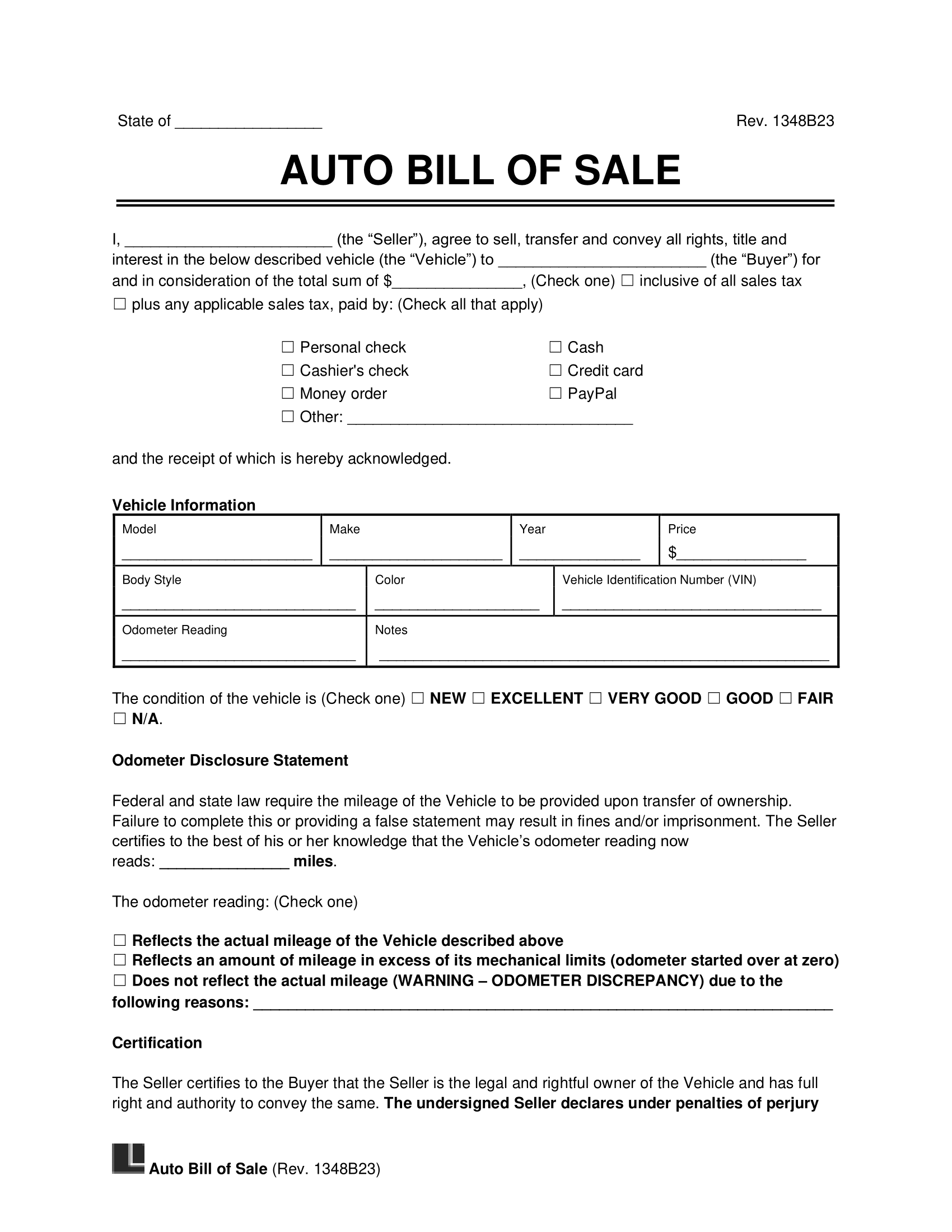 Automobile Bill Of Sale Printable Form