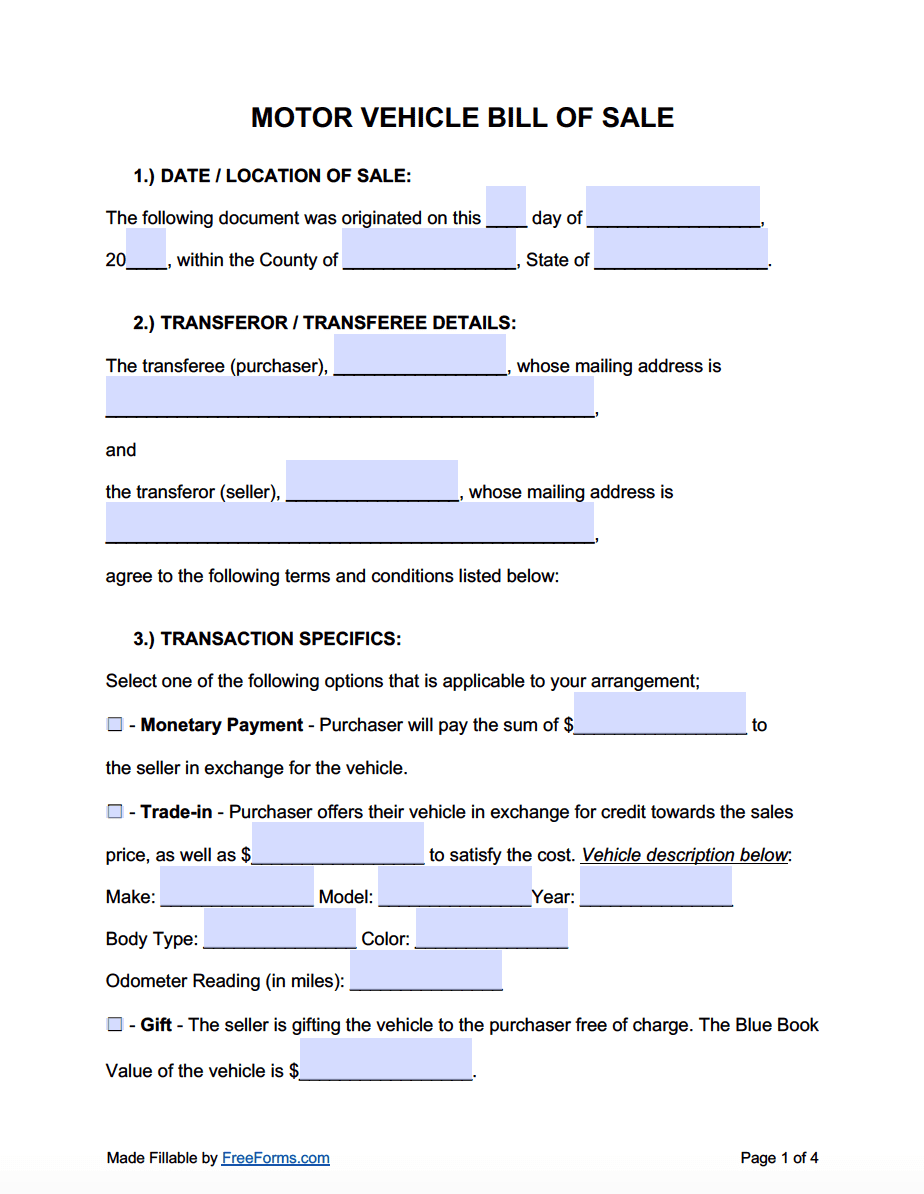 Free Motor Vehicle DMV Bill Of Sale Form PDF Word
