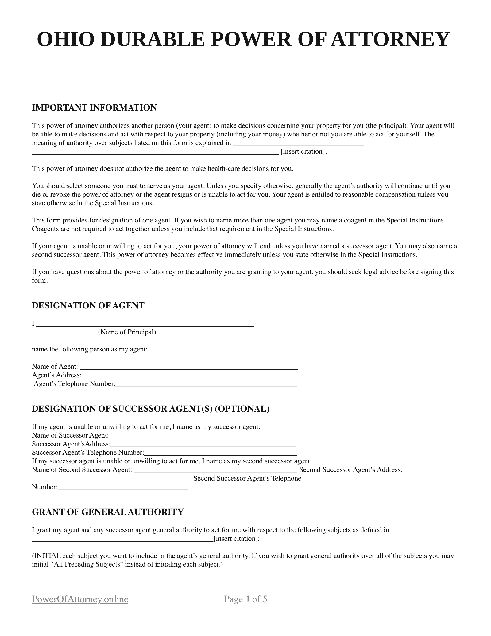 Free Ohio OH Power Of Attorney Forms Templates PDF