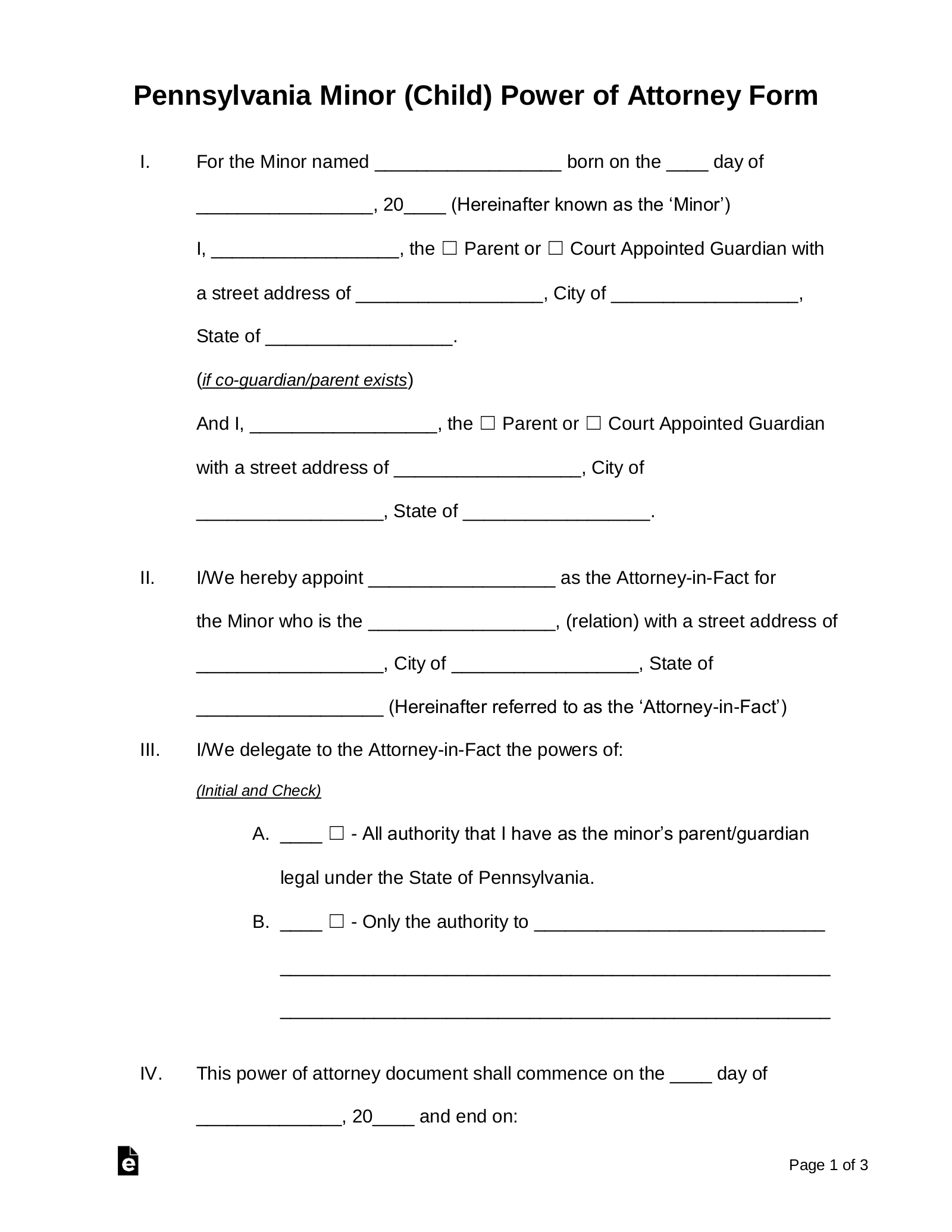 Free Pennsylvania Guardian Of Minor Power Of Attorney Form PDF Word EForms