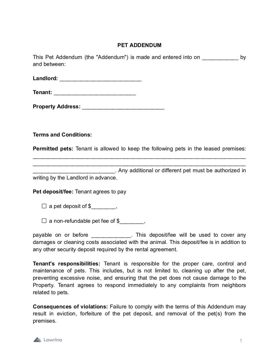 Free Pet Addendum Template Download PDF Lawrina