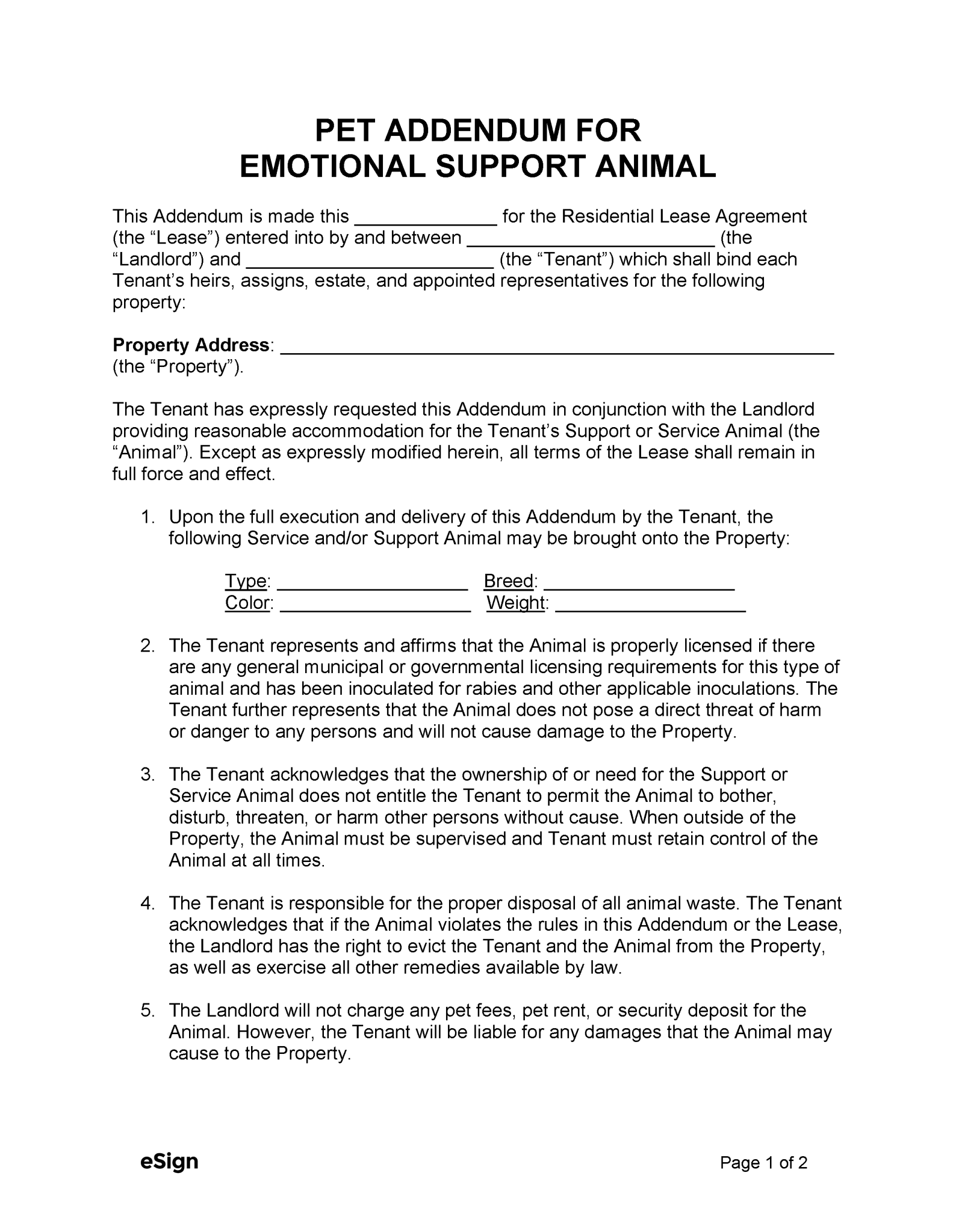 Free Pet Addendum To Lease Templates 3 PDF Word
