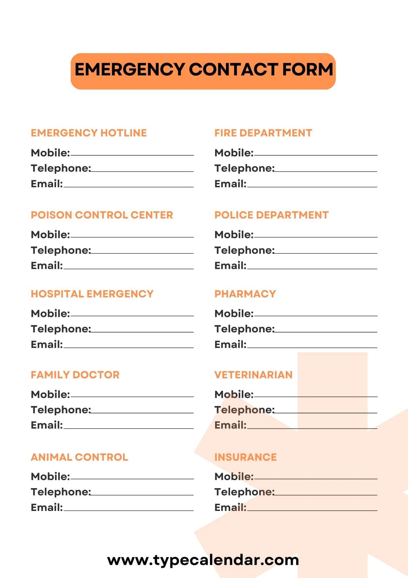 Downloadable Printable Employee Emergency Contact Form Template
