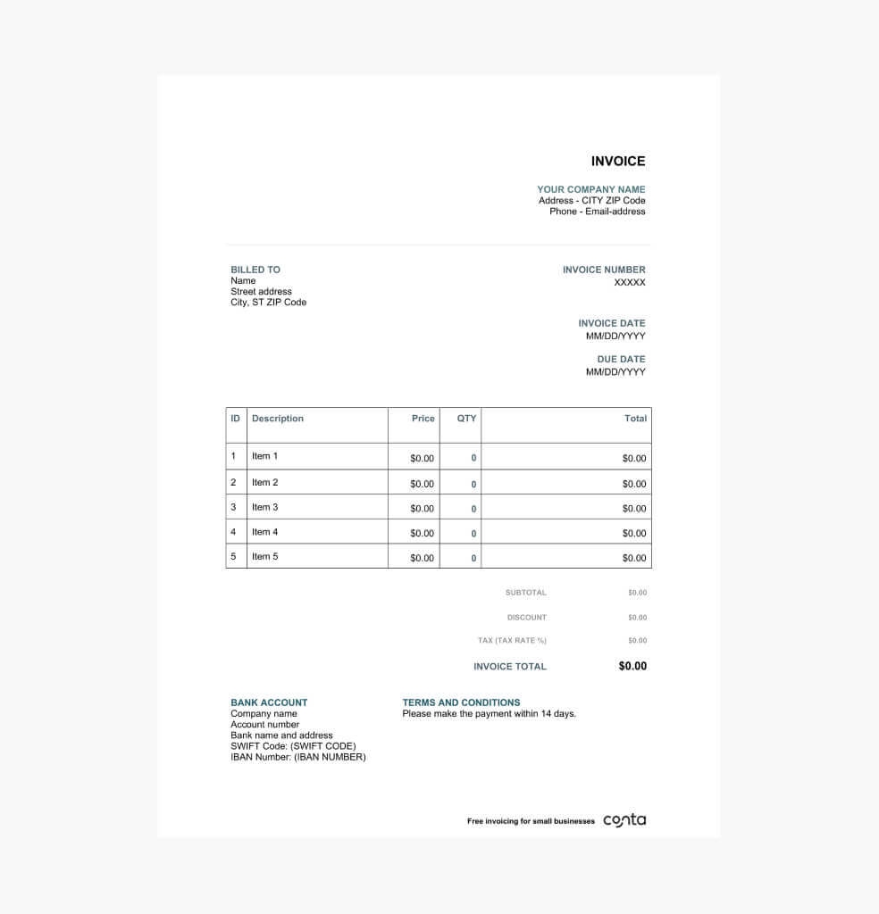 Free Printable Invoice Template Excel Word PDF Conta