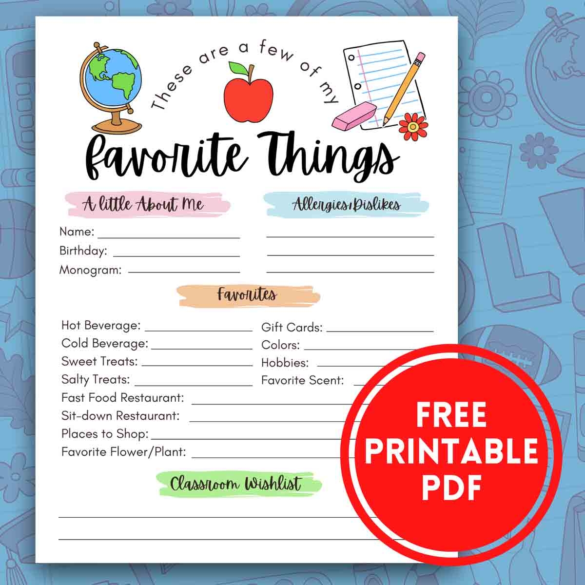 FREE Printable Teacher Favorite Things MindyMakes