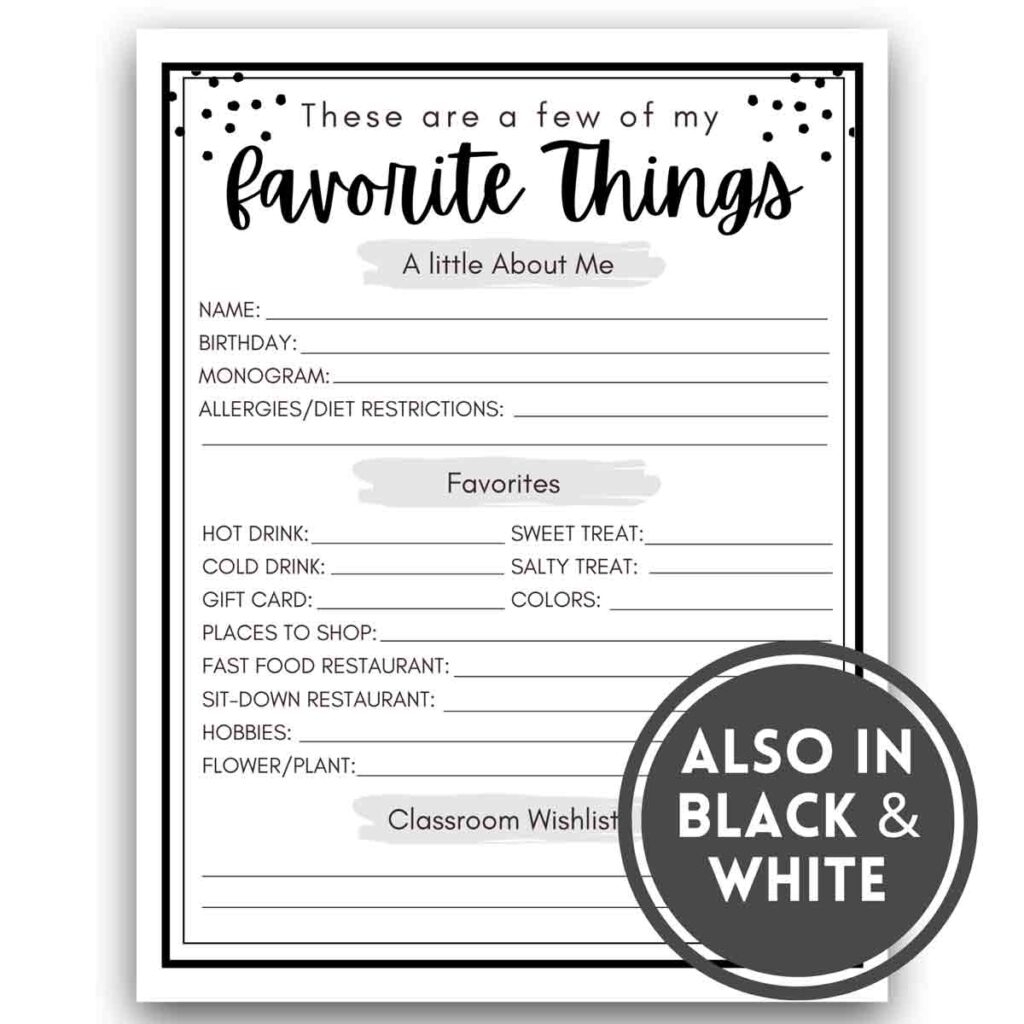 FREE Printable Teacher Favorite Things MindyMakes