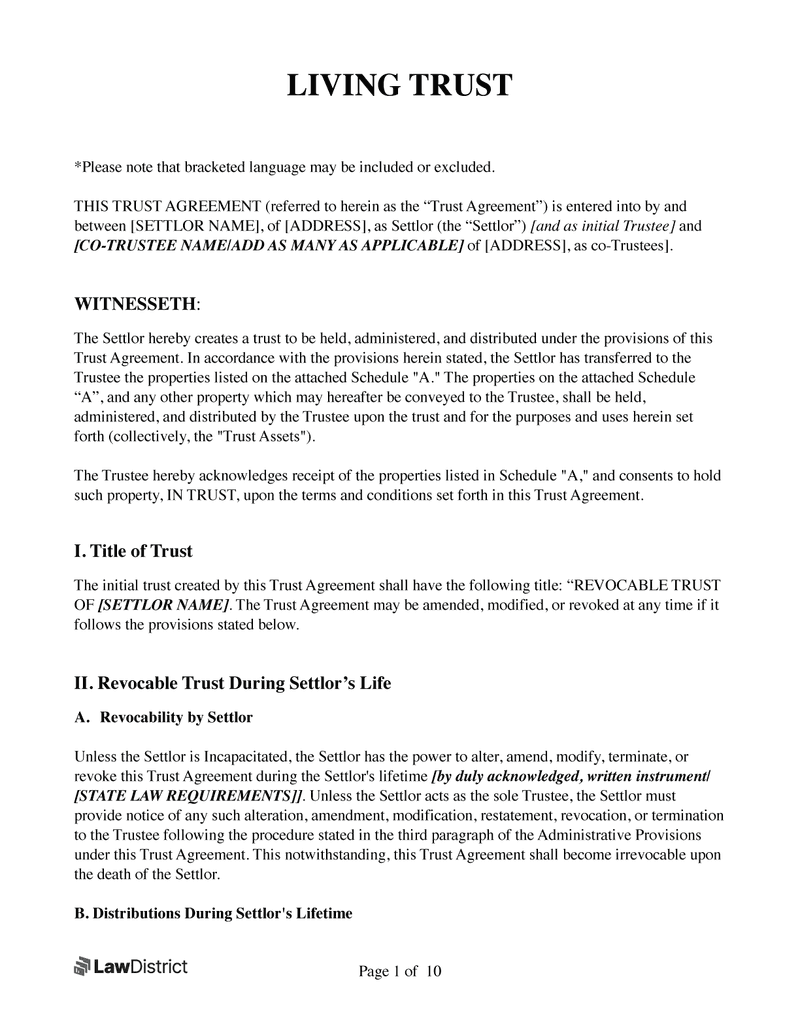 Free Revocable Living Trust Form PDF Word Template LawDistrict