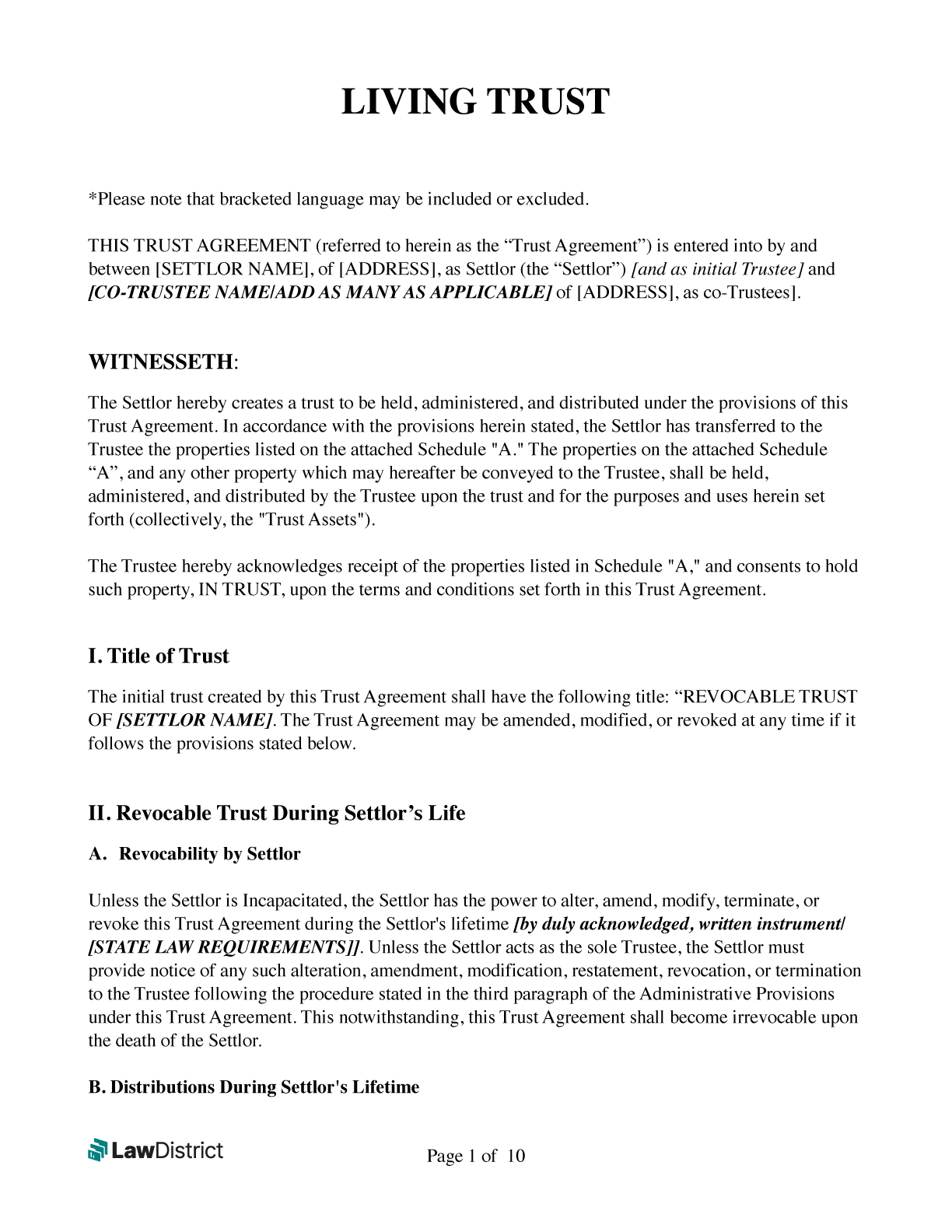 Free Revocable Living Trust Form PDF Word Template LawDistrict