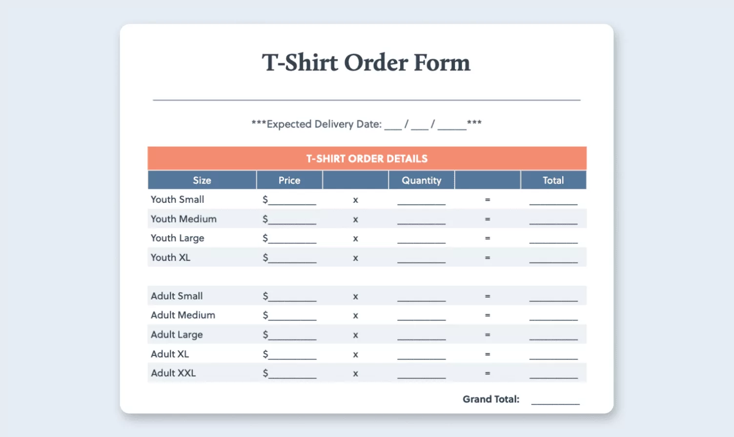Customizable Printable Blank T Shirt Order Form