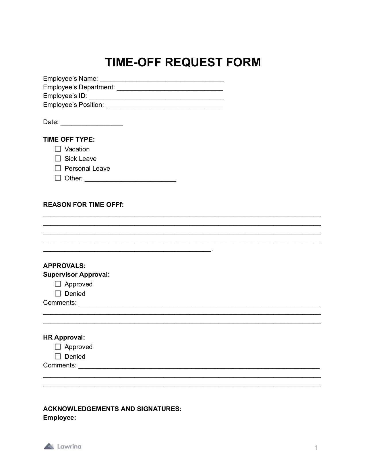 Free Time Off Request Form Download PDF Lawrina